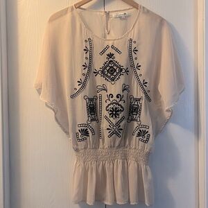 Forever 21 Cream Blouse with Black Embroidery